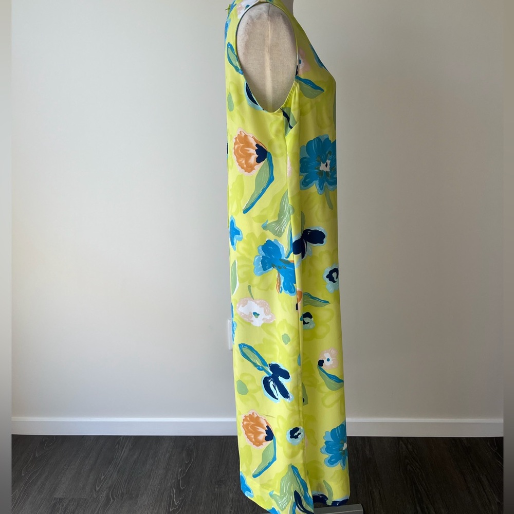 Woman’s dress straight sleeveless yellow green colour floral pattern handmade - Picture 2 of 4